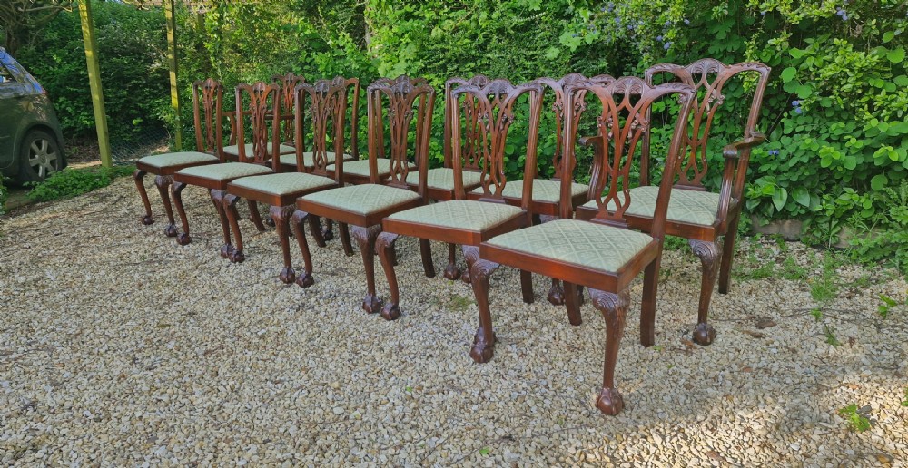 Set of 12 Edwardian mahogany Chippendale style dining chairs.  View XVII