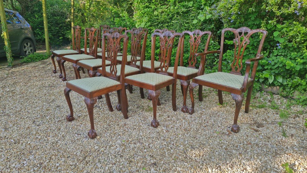 Set of 12 Edwardian mahogany Chippendale style dining chairs.  View XVIII