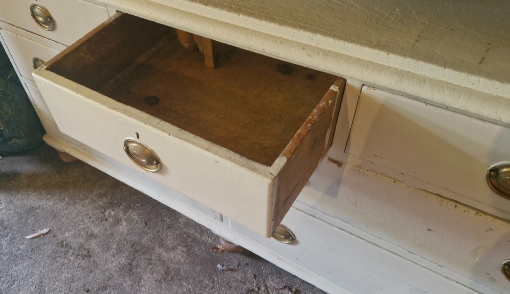 Victorian painted pine kitchen dresser base. View VI