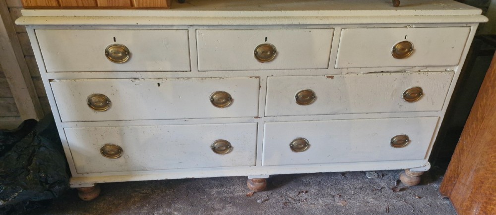 Victorian painted pine kitchen dresser base. View IX