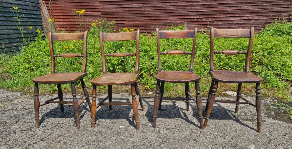 Harlequin set of 4 mid 19th century Windsor kitchen dining chairs. View III
