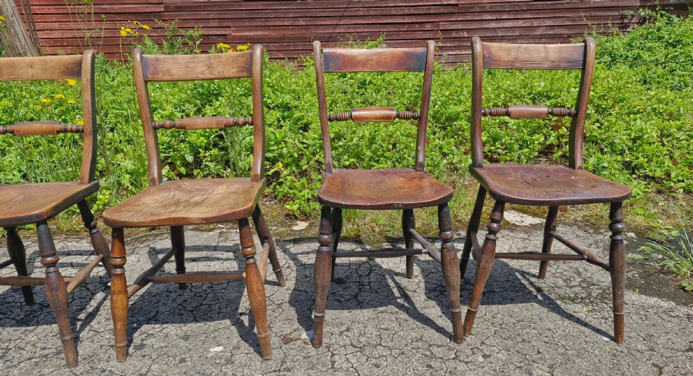 Harlequin set of 4 mid 19th century Windsor kitchen dining chairs. View V