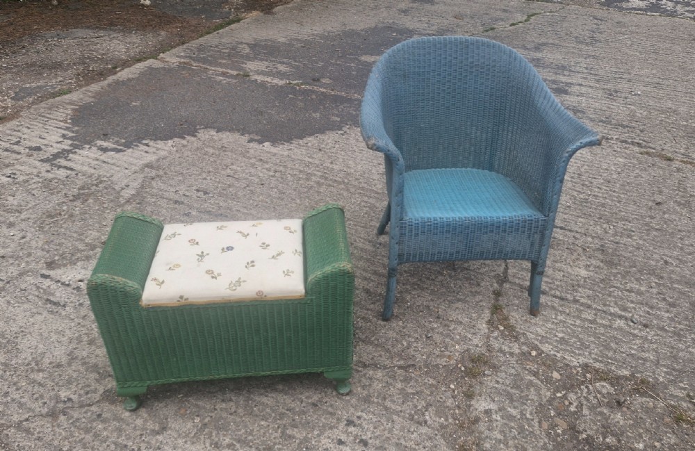 Lloyd Loom armchair and box stool in original paint.