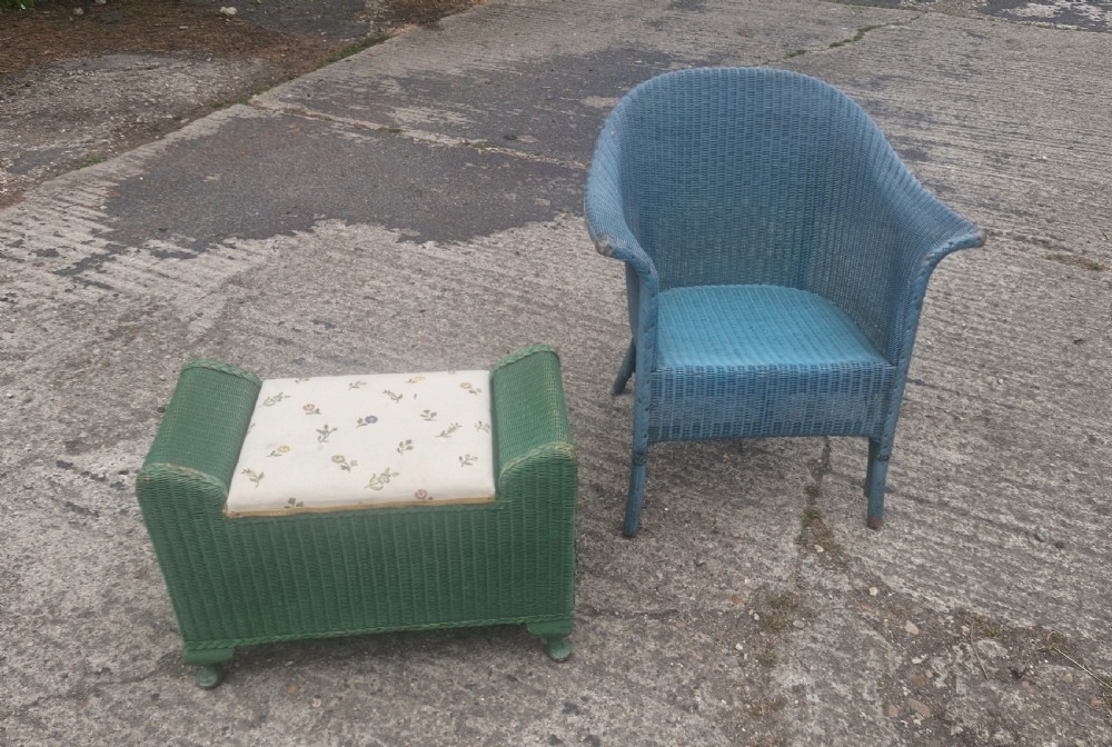 Lloyd Loom armchair and box stool in original paint. View III