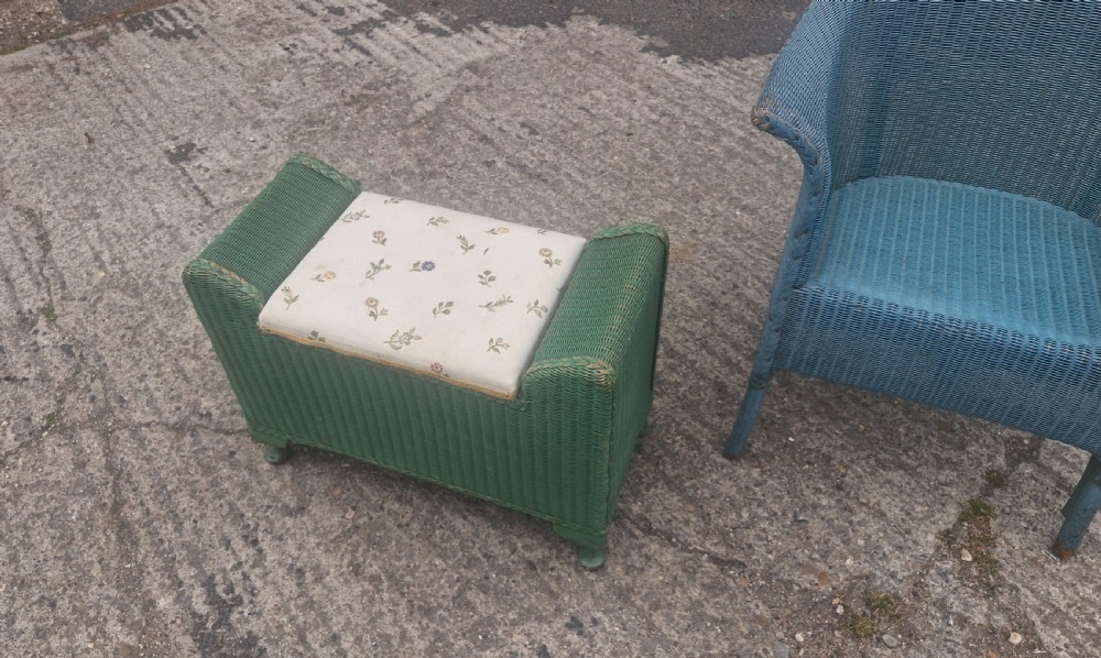 Lloyd Loom armchair and box stool in original paint. View V