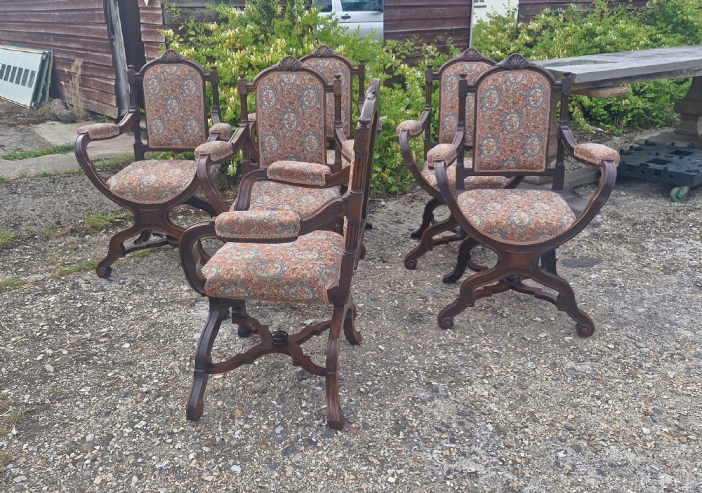 Set of 6 walnut X frame hall chairs.  View XV