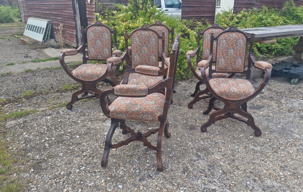 Set of 6 walnut X frame hall chairs.  View XX