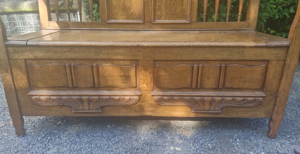 Edwardian oak hall seat with lift up lid. View II