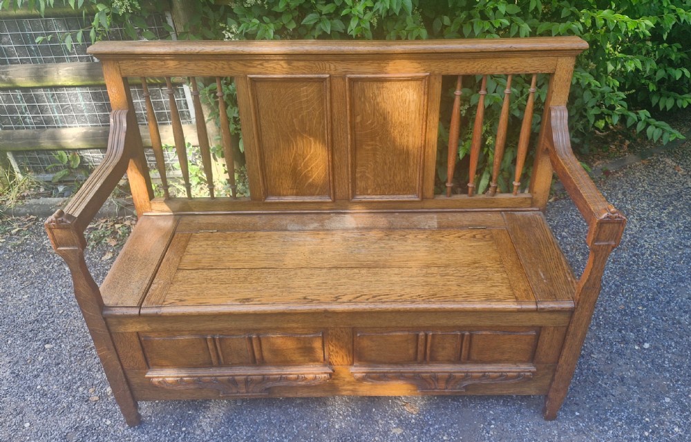 Edwardian oak hall seat with lift up lid. View III
