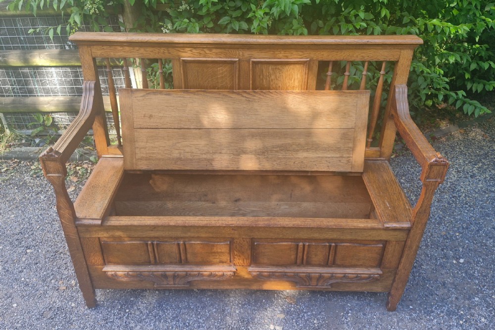 Edwardian oak hall seat with lift up lid. View IV