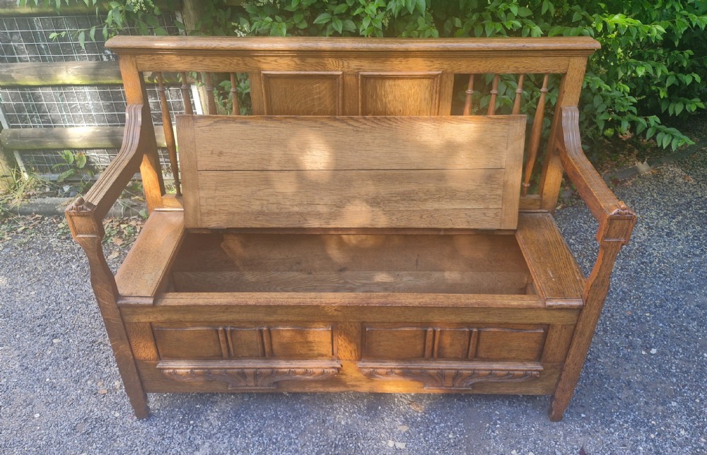 Edwardian oak hall seat with lift up lid. View V