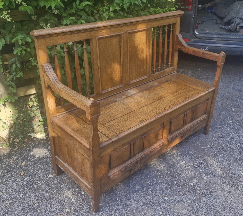 Edwardian oak hall seat with lift up lid. View VI