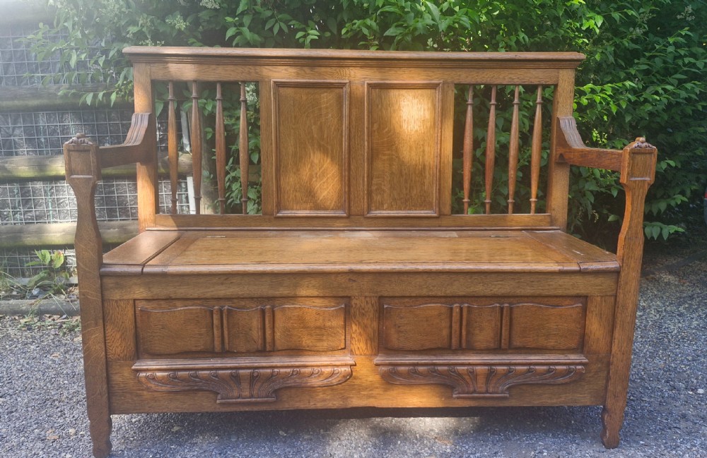 Edwardian oak hall seat with lift up lid. View VII