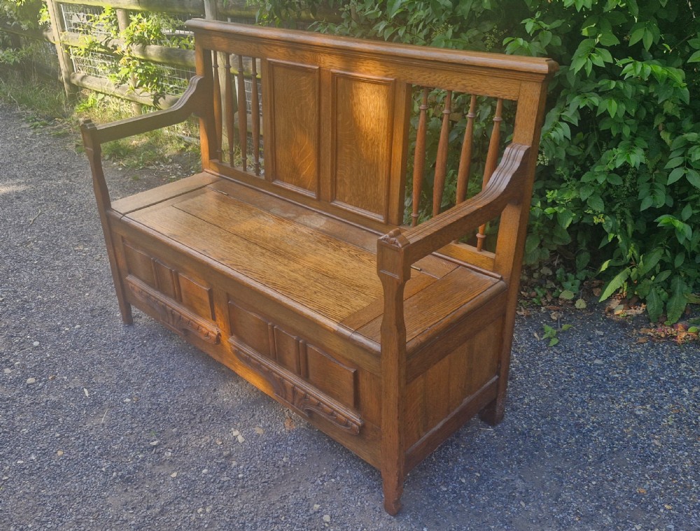 Edwardian oak hall seat with lift up lid. View VIII