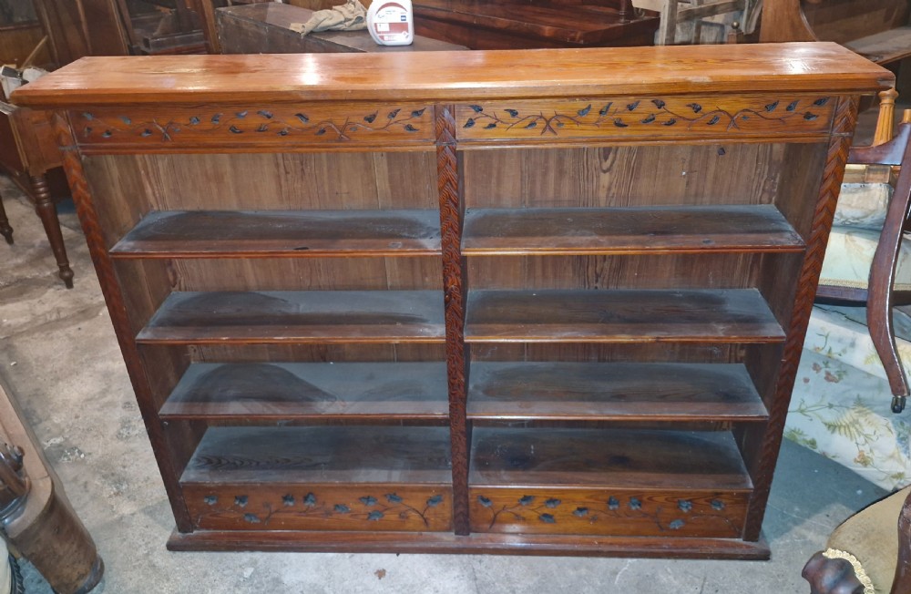 Late Victorian pitch pine open front bookcase. 