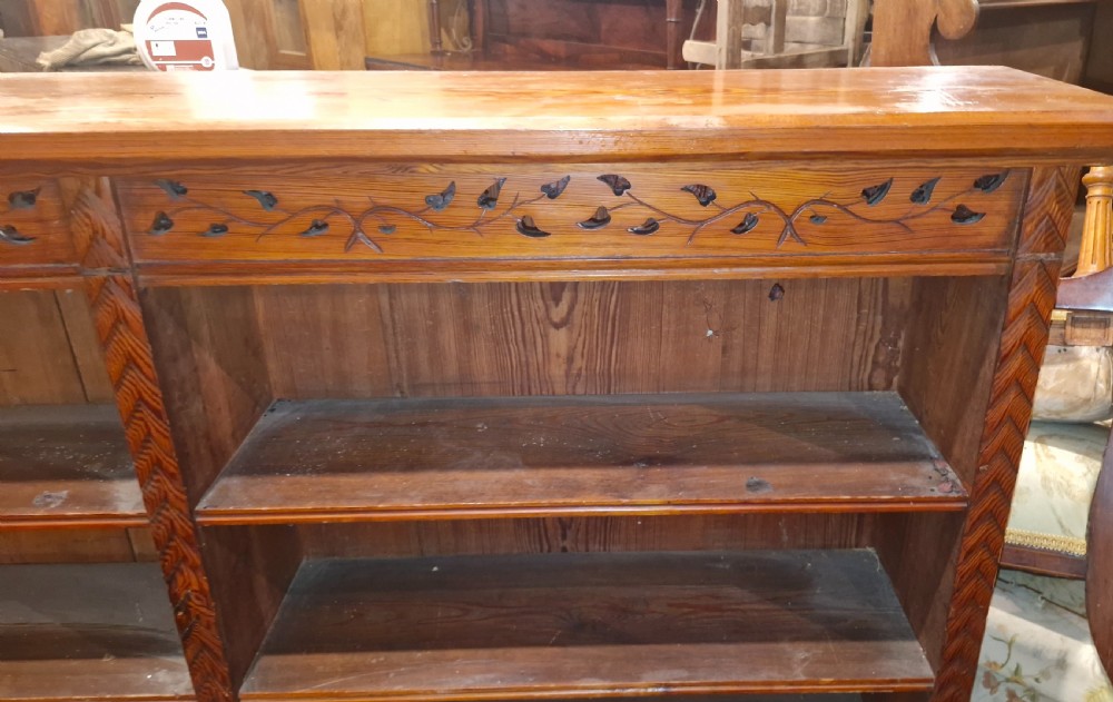 Late Victorian pitch pine open front bookcase.  View III