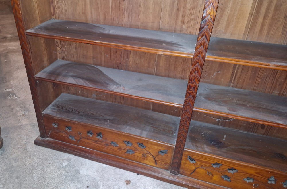 Late Victorian pitch pine open front bookcase.  View IV