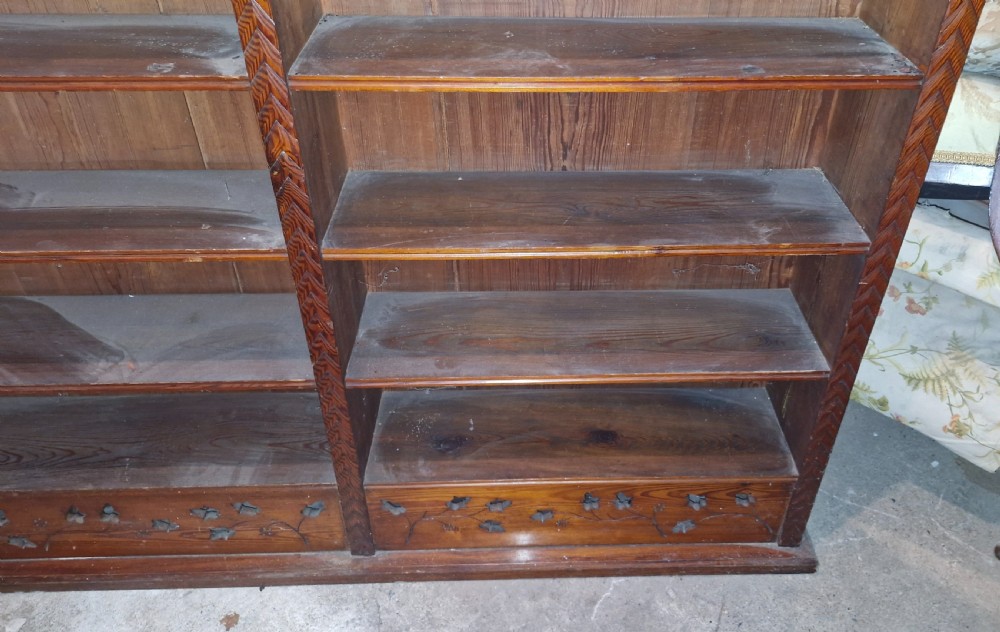 Late Victorian pitch pine open front bookcase.  View V