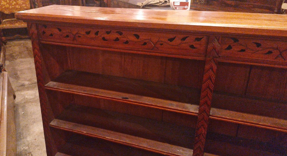 Late Victorian pitch pine open front bookcase.  View VI