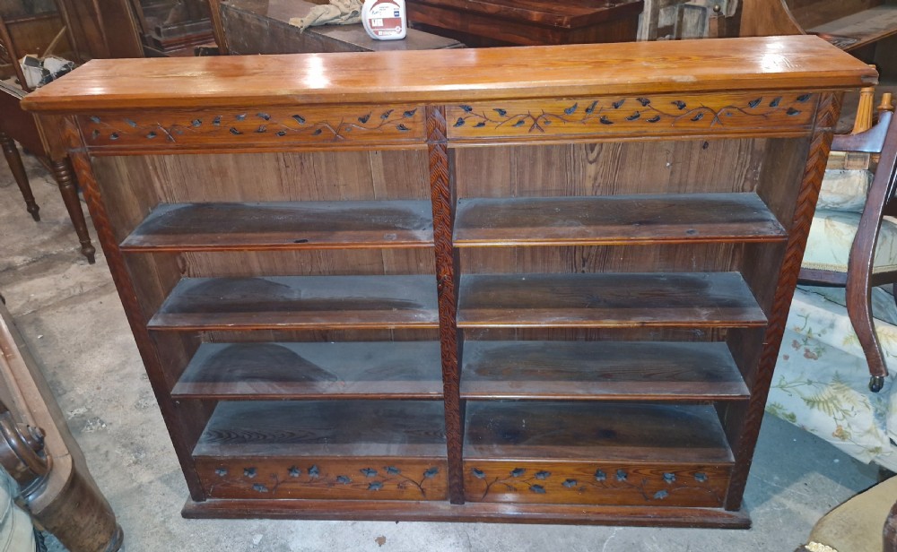 Late Victorian pitch pine open front bookcase.  View VII