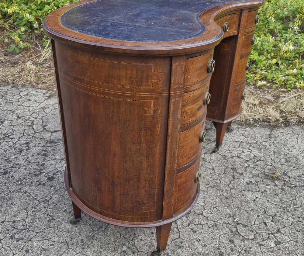 Edwardian inlaid mahogany kidney shaped desk. View IV