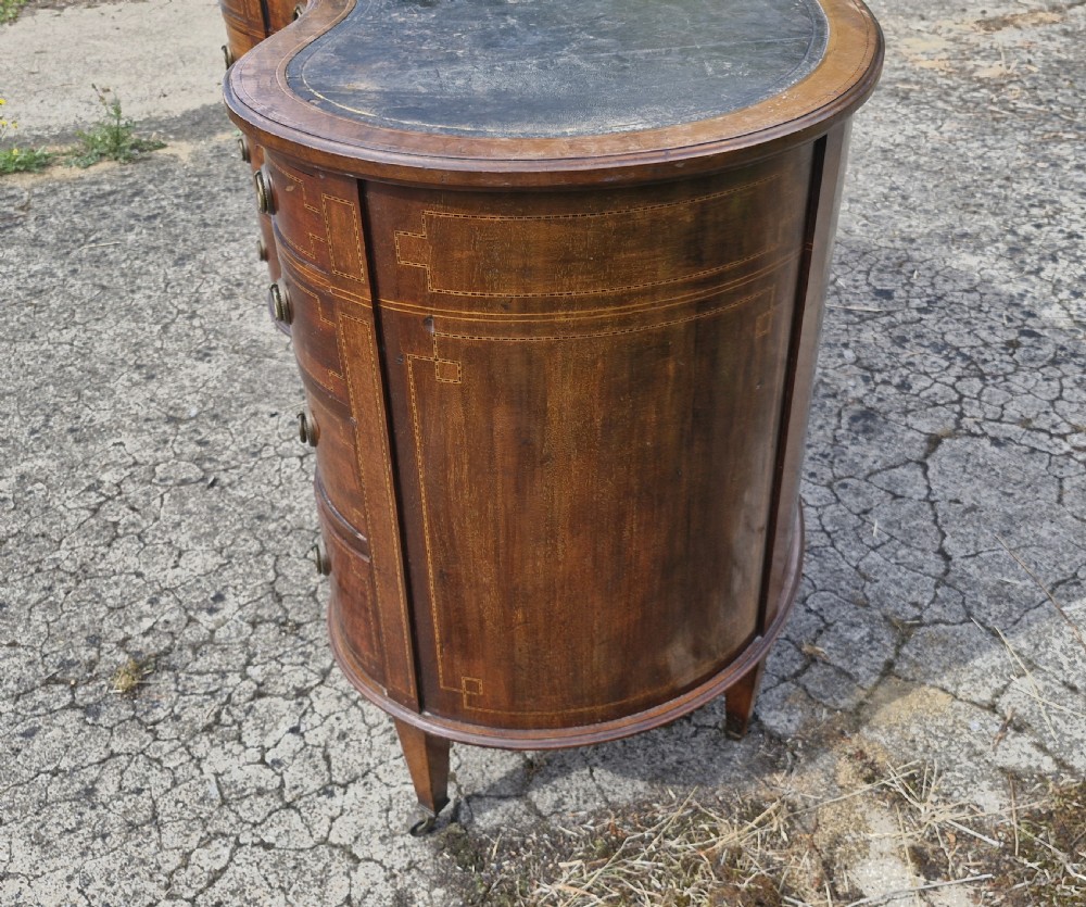 Edwardian inlaid mahogany kidney shaped desk. View V