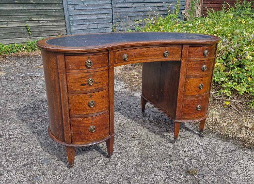Edwardian inlaid mahogany kidney shaped desk. View VII