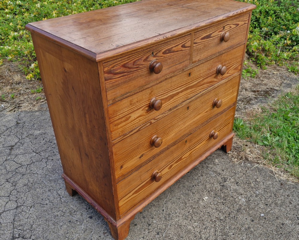 Good practical Victorian pitch pine chest of drawers.  View V