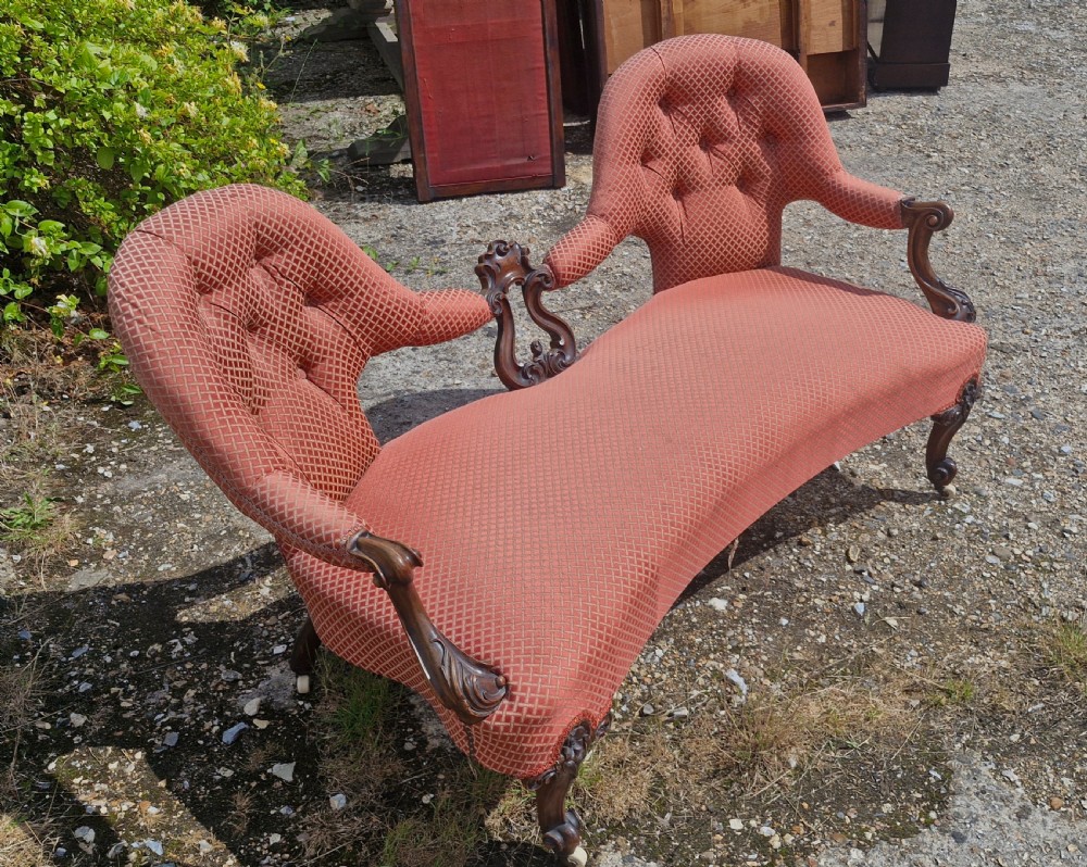Victorian carved shaped back conversation seat. View III