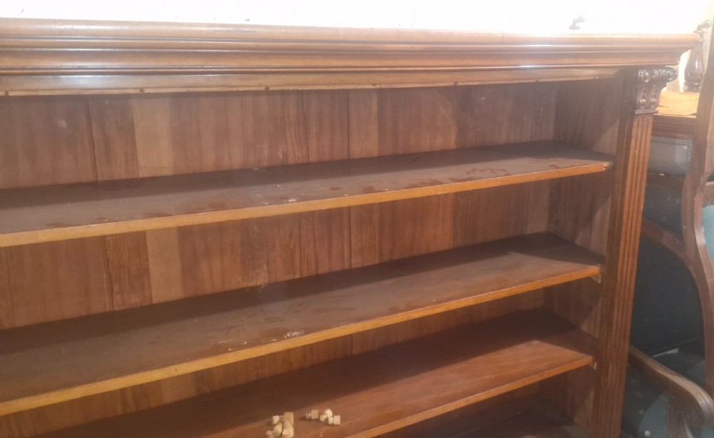 Large Victorian mahogany open front bookcase with adjustable shelves.  View V