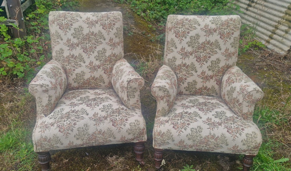 Pair of  Victorian upholstered armchairs.  View II