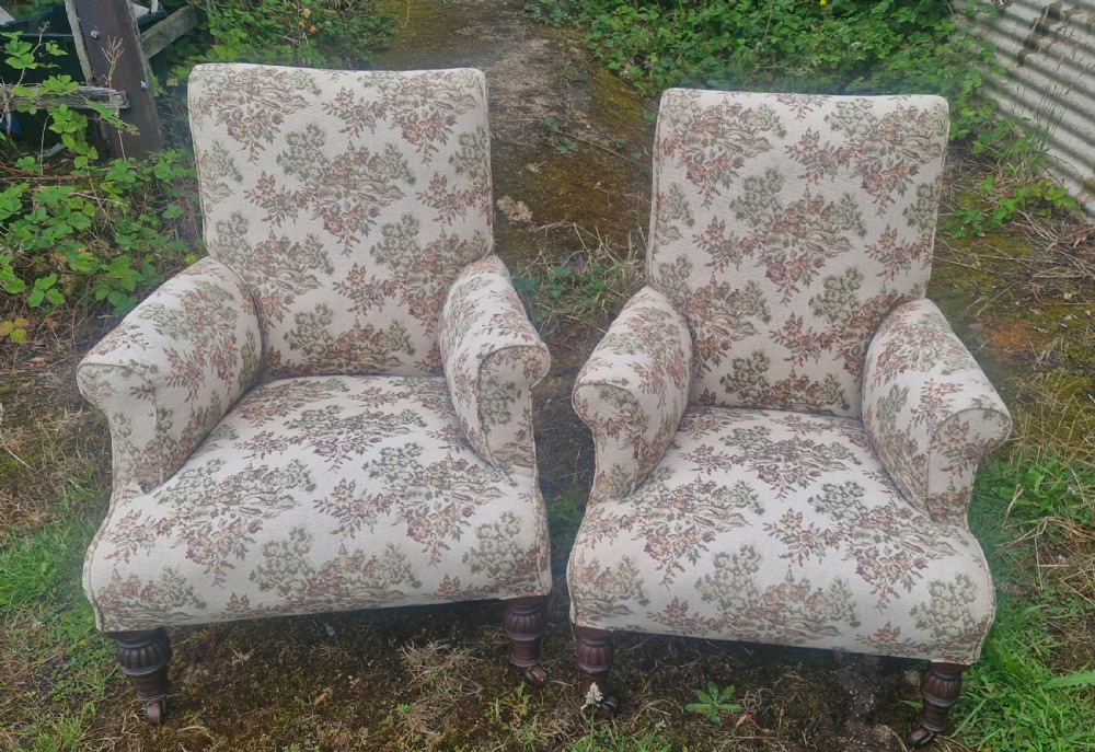 Pair of  Victorian upholstered armchairs.  View V