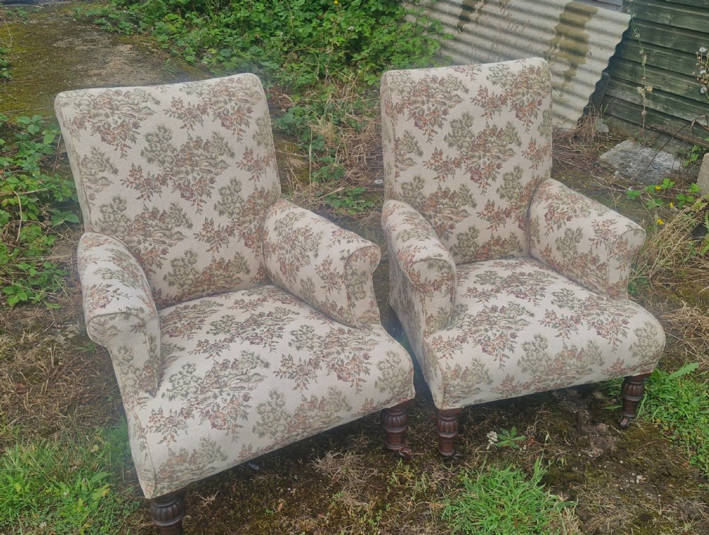 Pair of  Victorian upholstered armchairs.  View VI