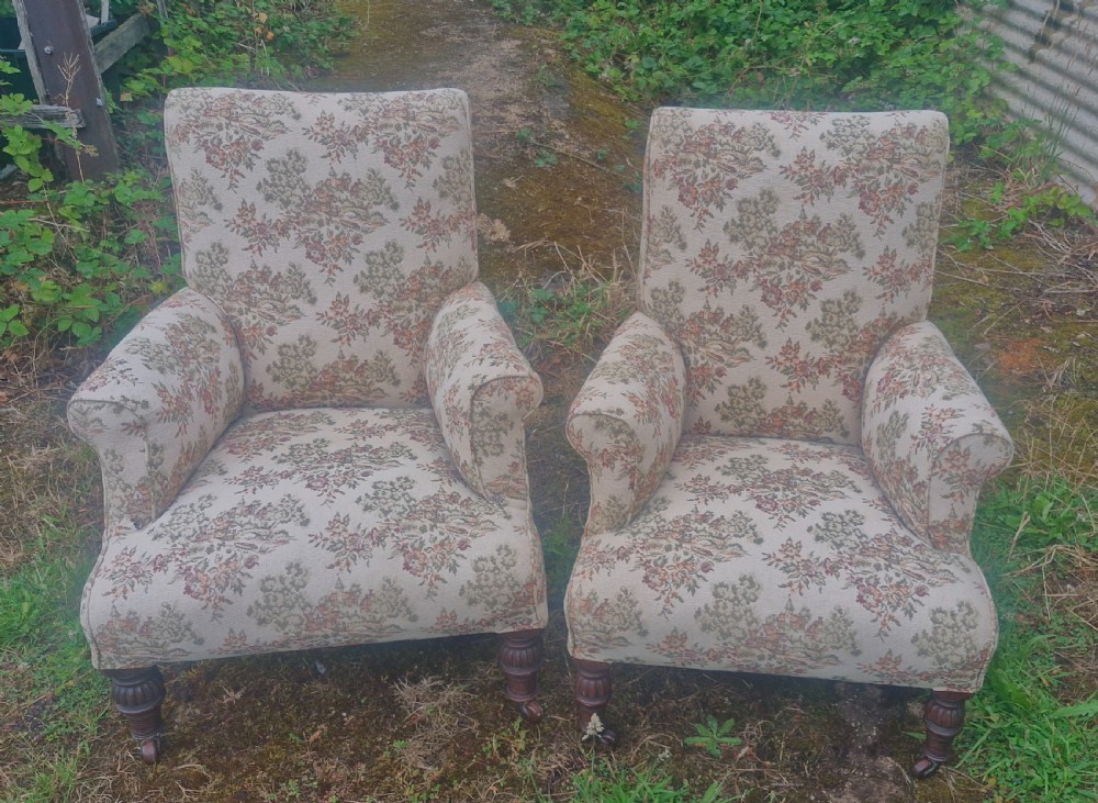 Pair of  Victorian upholstered armchairs.  View VIII