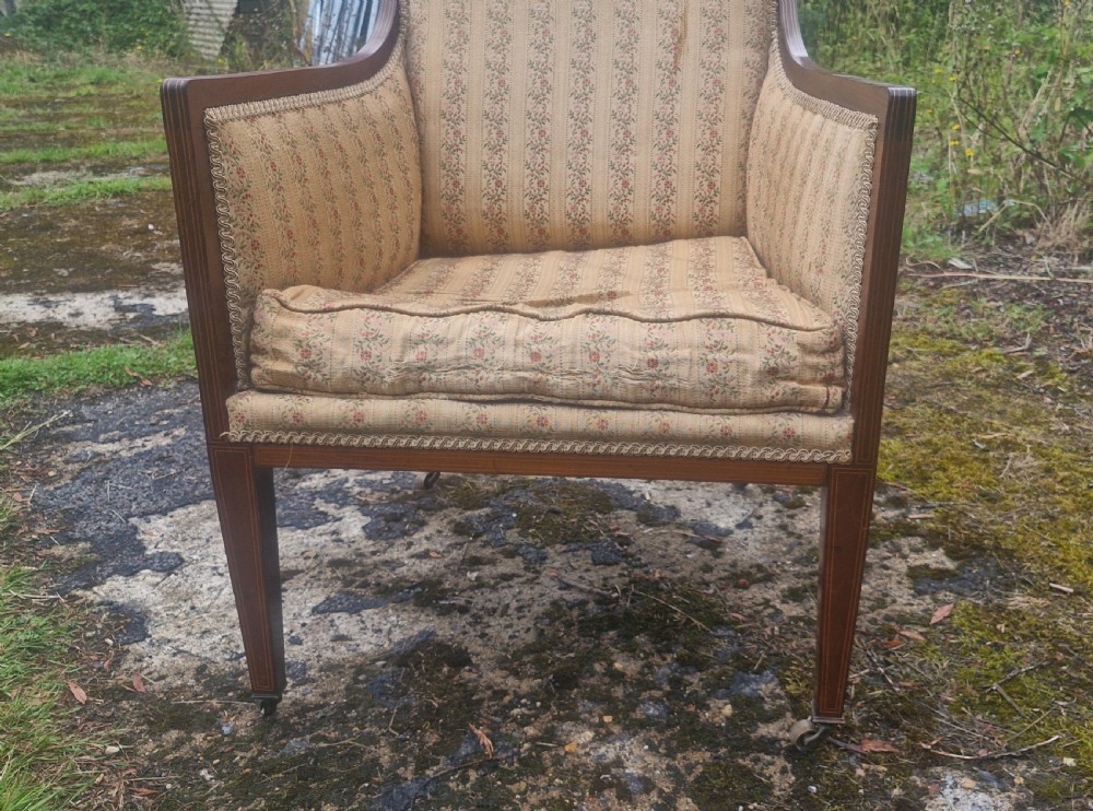 Elegant Edwardian inlaid mahogany upholstered armchair.  View IV