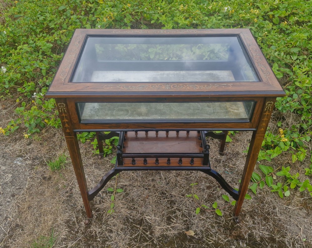 Edwardian inlaid rosewood bijouterie display table.  View VI