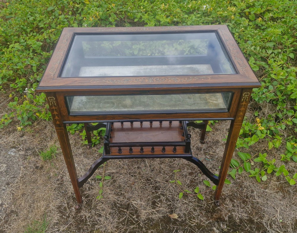 Edwardian inlaid rosewood bijouterie display table.  View VII
