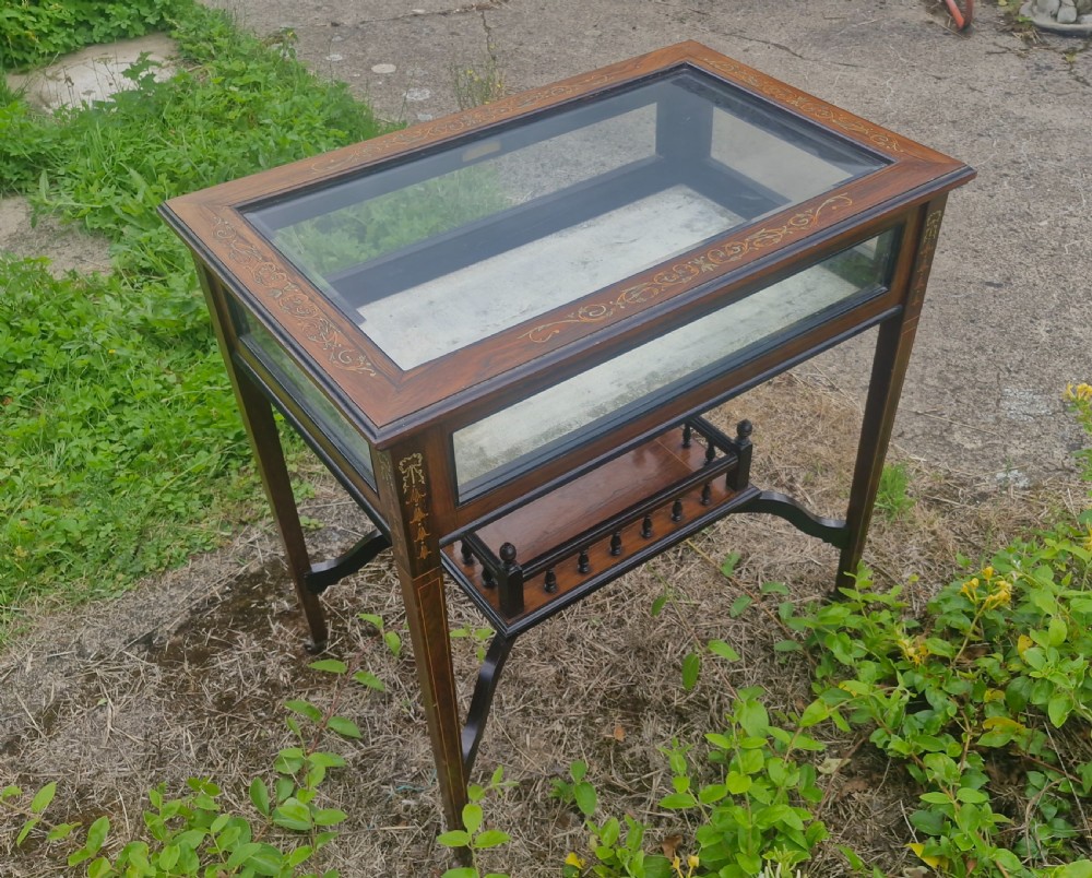 Edwardian inlaid rosewood bijouterie display table.  View VIII