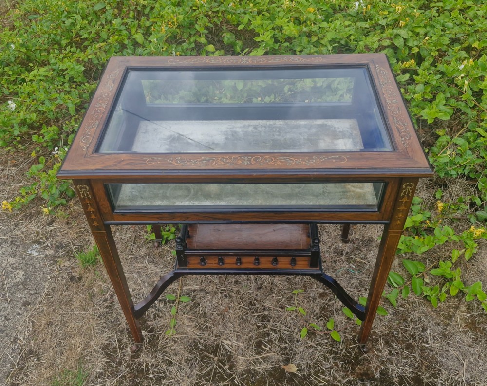 Edwardian inlaid rosewood bijouterie display table.  View XIII