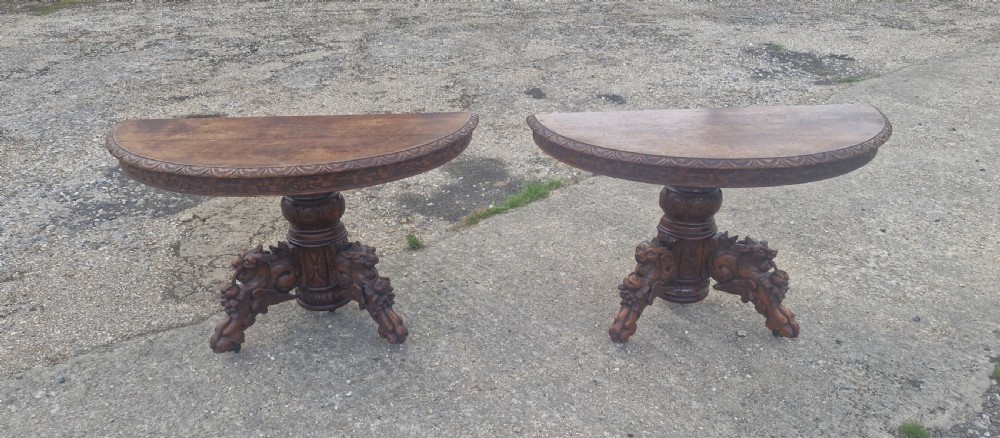 Pair of Victorian Gothic carved oak console tables.  View X