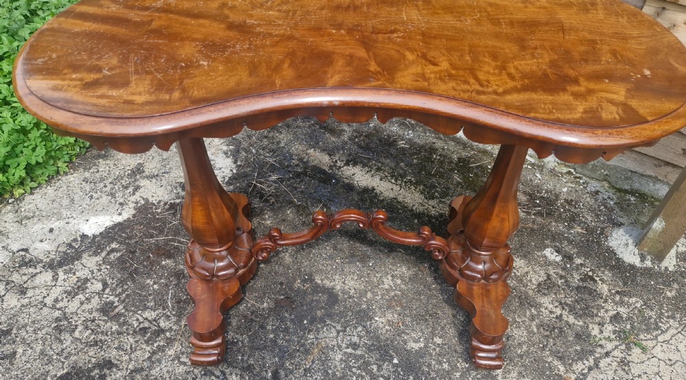 A mid-19th-century mahogany kidney-shaped side table featuring turned pedestal supports, a carved scrolled stretcher, and shaped feet. View VI