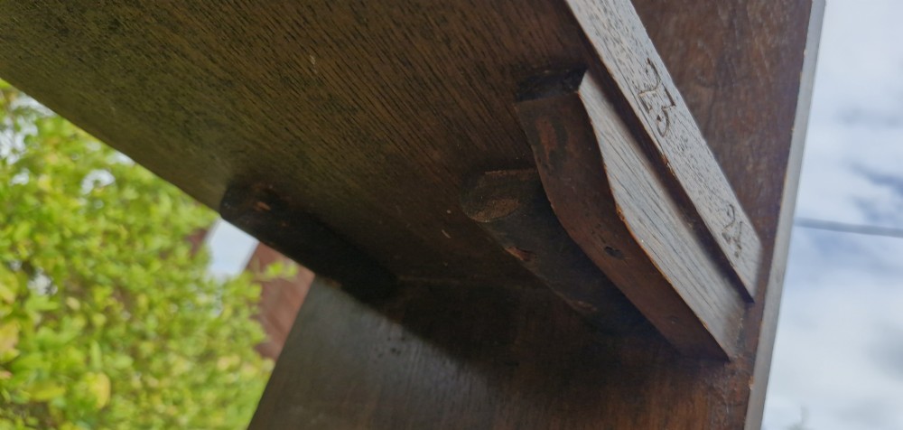 Oak Arts and Crafts bookcase of pegged construction.  View XI