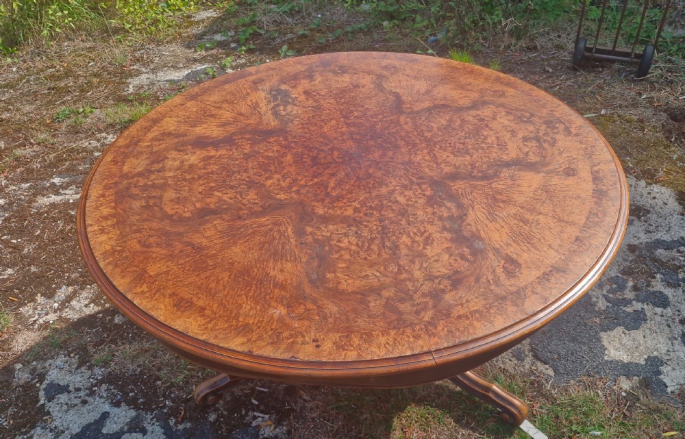 19th century burr walnut and banded centre table. View VIII