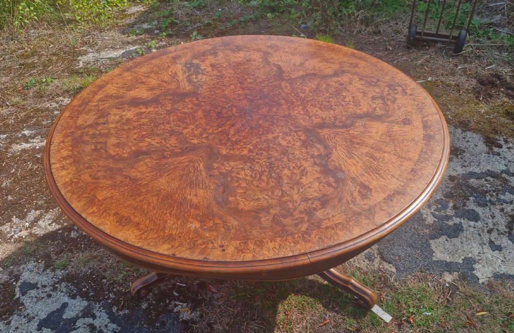 19th century burr walnut and banded centre table. View IX