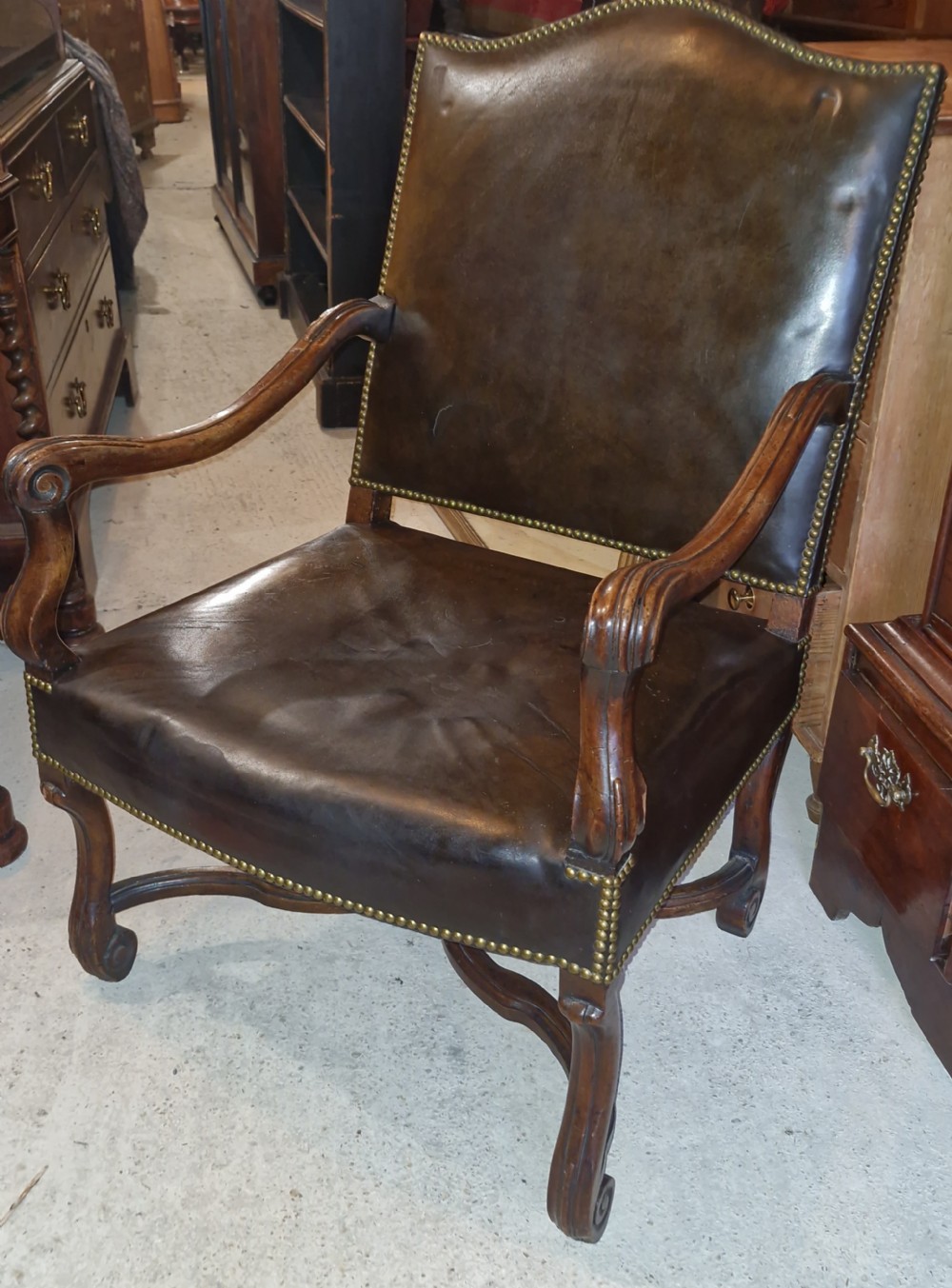 Early 19th century French walnut leather upholstered armchair 