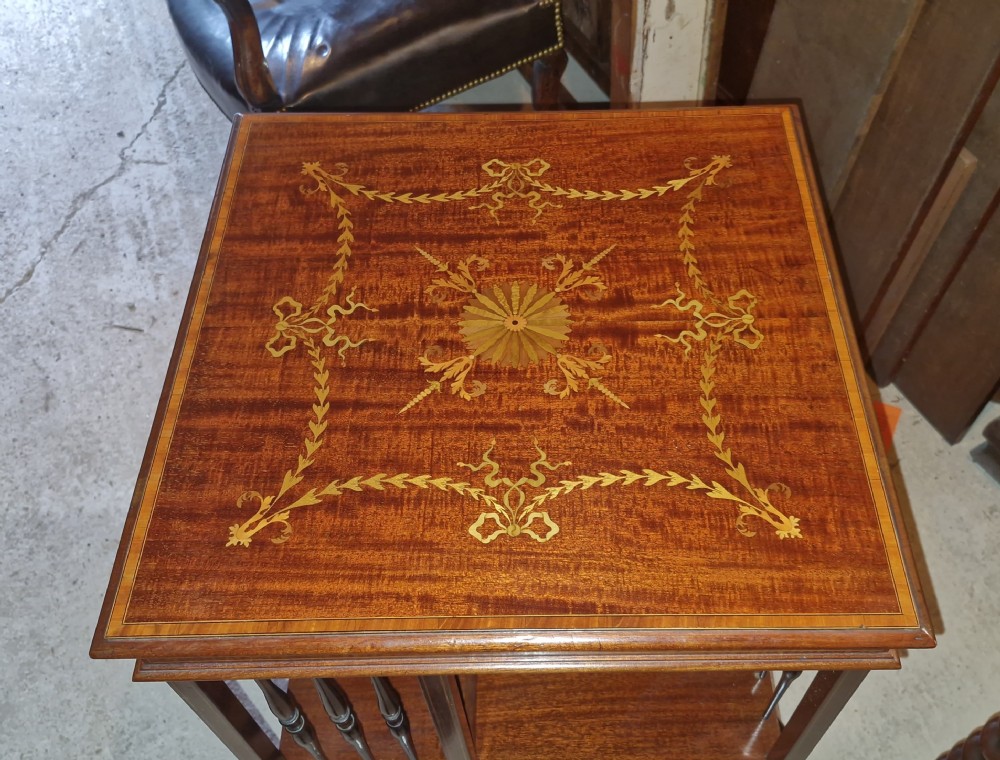 Edwardian inlaid mahogany revolving bookcase.  View IV