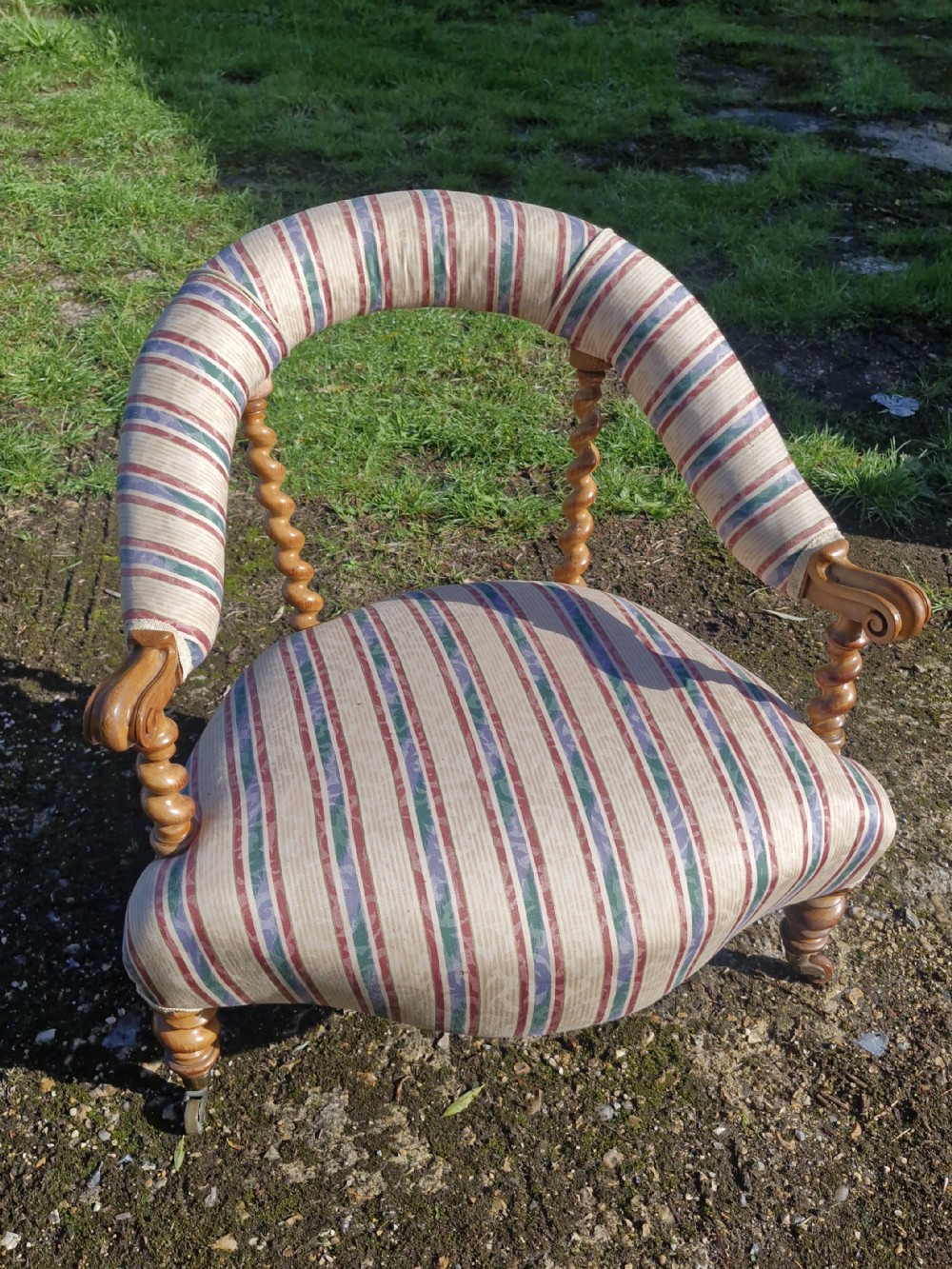 Victorian barley twist framed low seat bedroom chair.