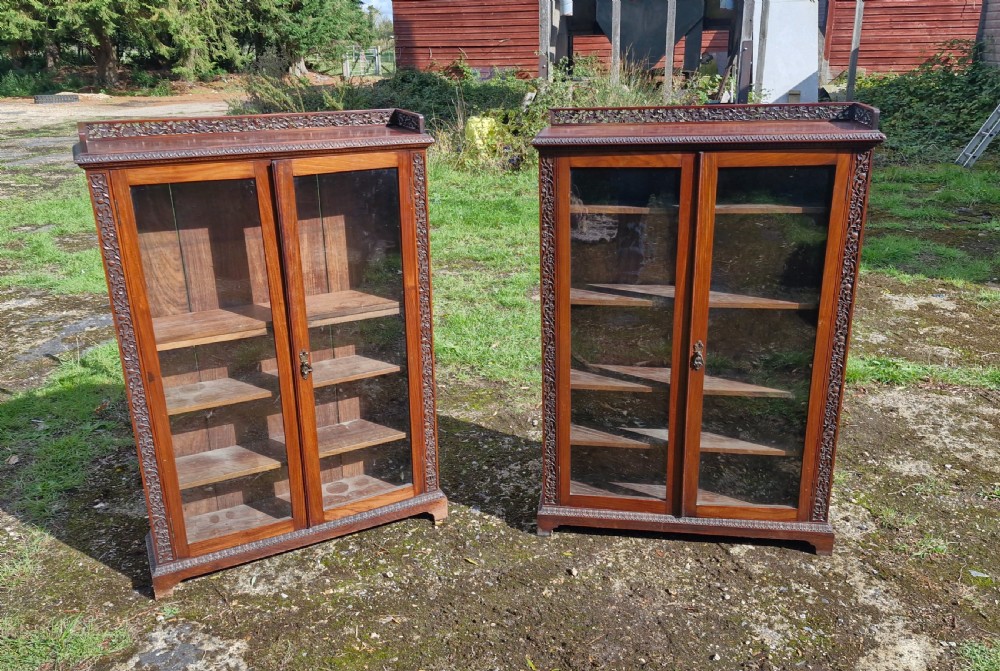Pair of 19th century carved Anglo Indian bookcase cabinet.  View XI