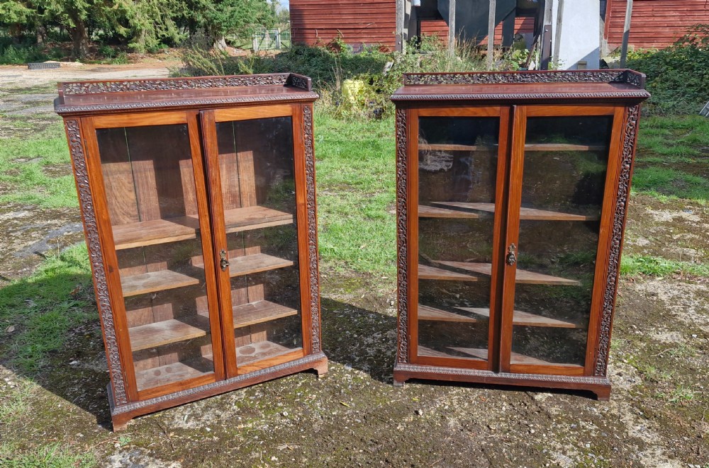 Pair of 19th century carved Anglo Indian bookcase cabinet.  View XII