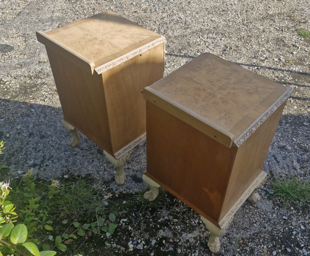 Pair of carved and walnut bedside cabinets.  View II